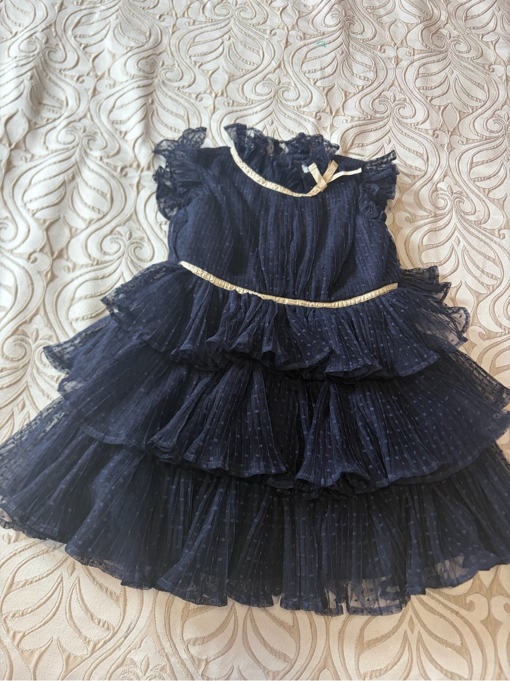Girls Navy Ruffle Tiered Dress with Gold Trim